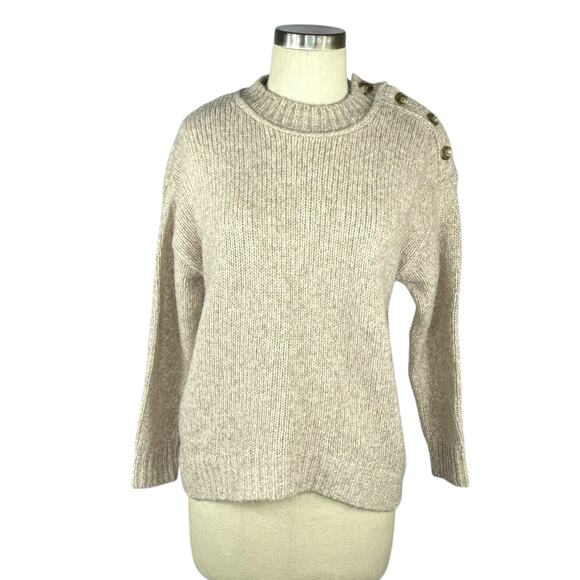 J CREW Button Shoulder Heather Crewneck Tan Sweater Women's Size XS Knit - Picture 1 of 7